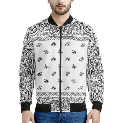 White And Black Paisley Bandana Print Men's Bomber Jacket