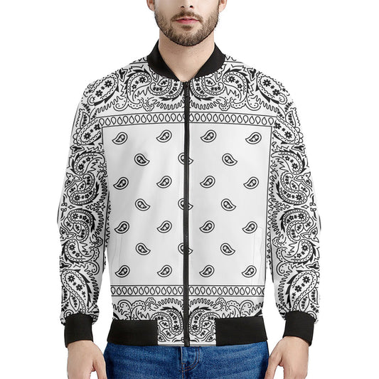 White And Black Paisley Bandana Print Men's Bomber Jacket