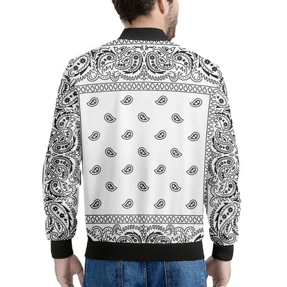 White And Black Paisley Bandana Print Men's Bomber Jacket