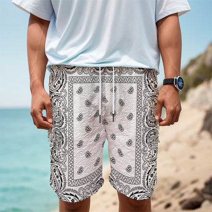 White And Black Paisley Bandana Print Men's Cargo Shorts