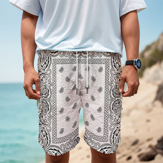 White And Black Paisley Bandana Print Men's Cargo Shorts