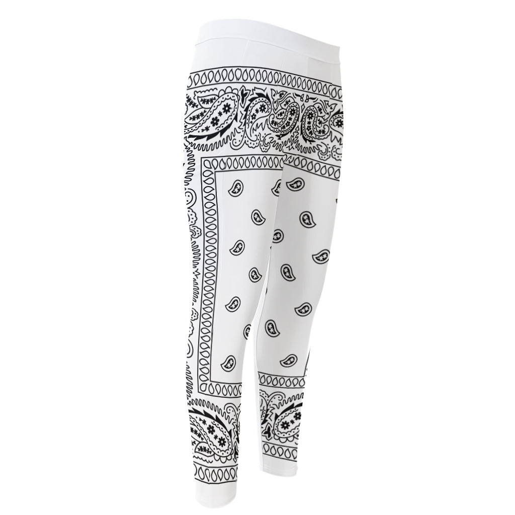 White And Black Paisley Bandana Print Men's Compression Pants