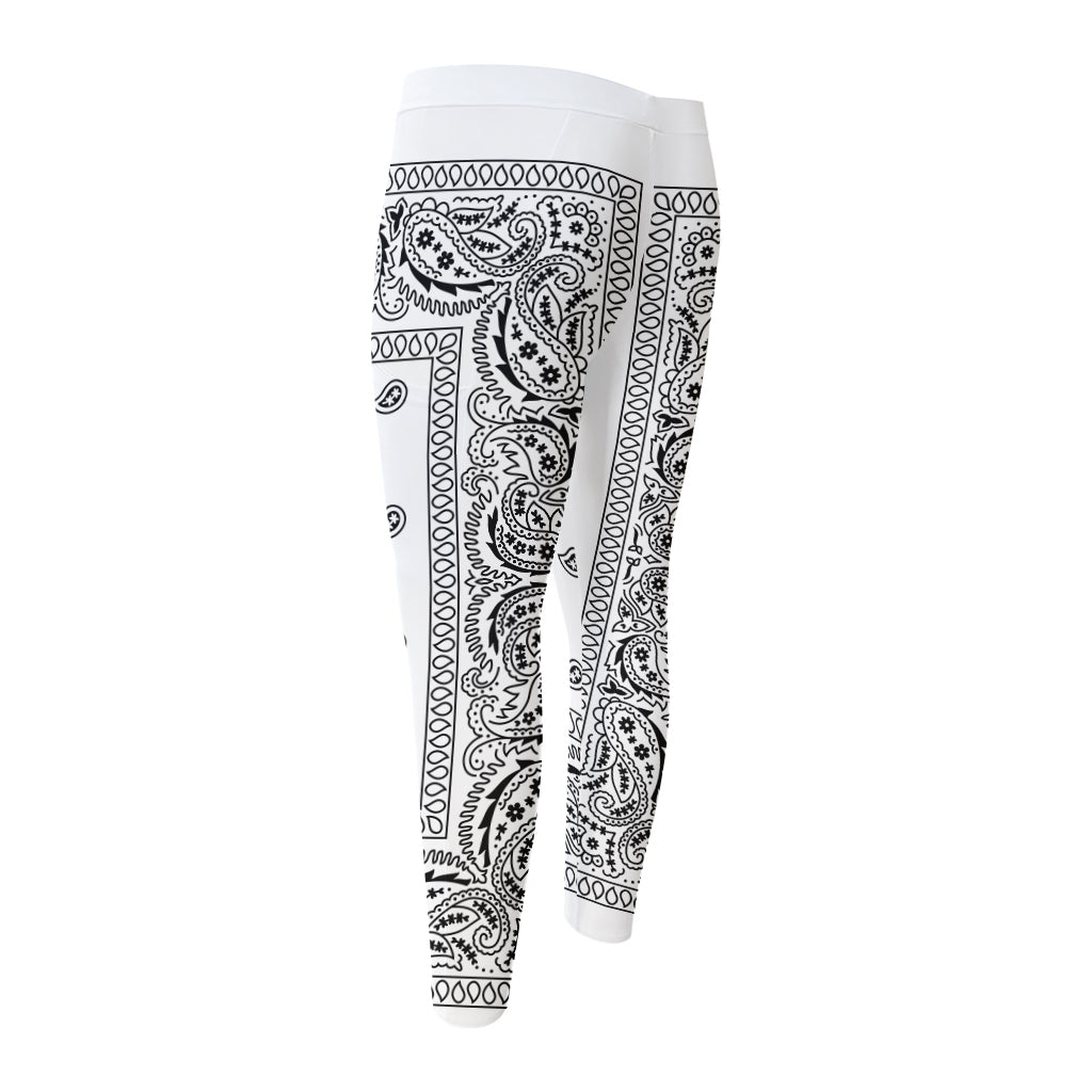 White And Black Paisley Bandana Print Men's Compression Pants