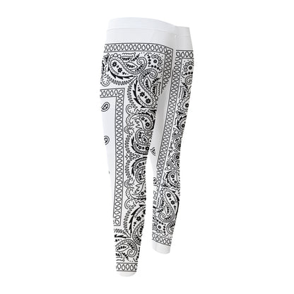 White And Black Paisley Bandana Print Men's Compression Pants