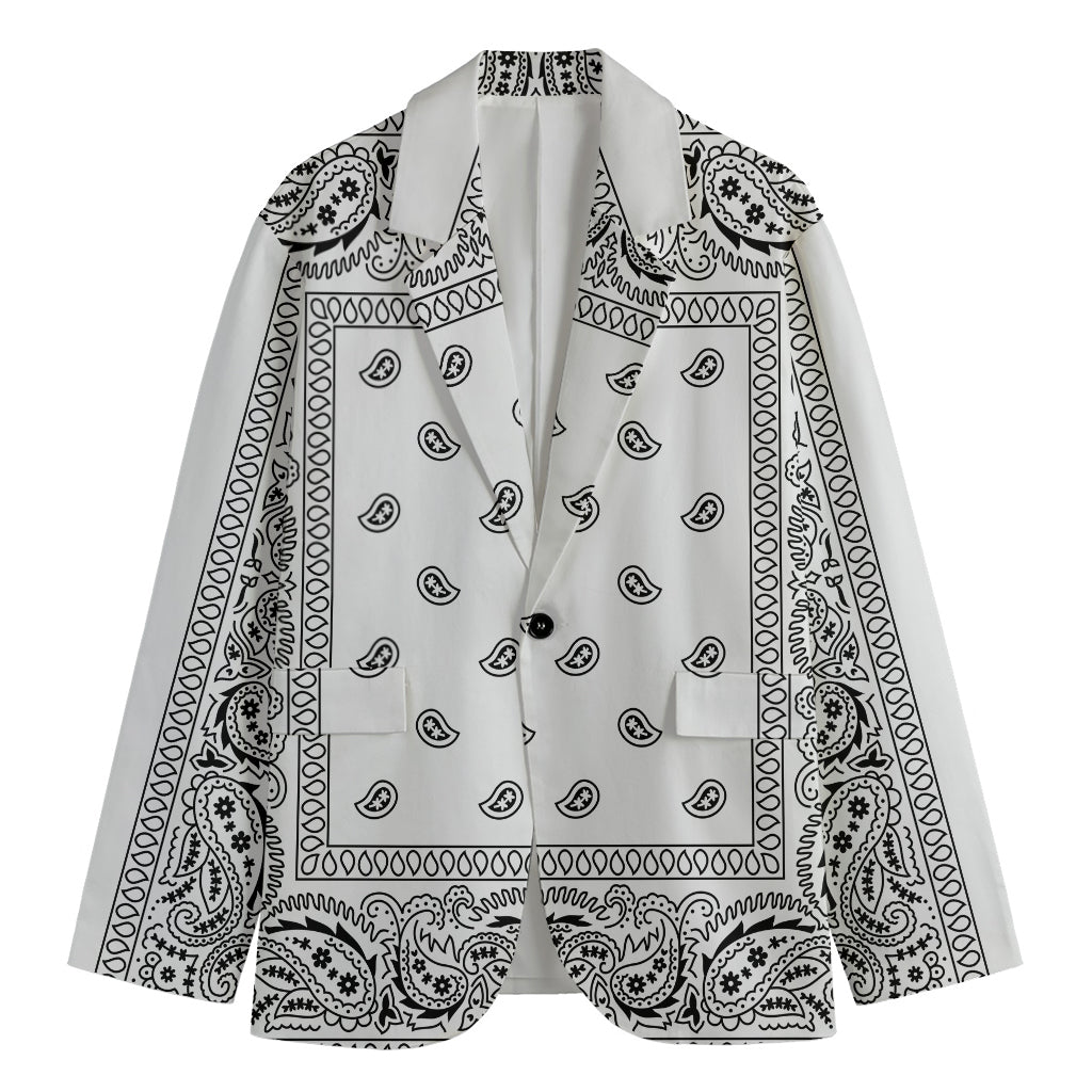 White And Black Paisley Bandana Print Men's Cotton Blazer