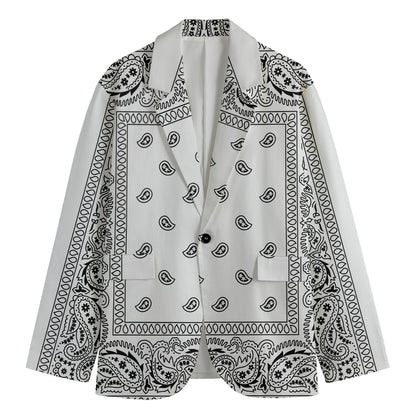 White And Black Paisley Bandana Print Men's Cotton Blazer
