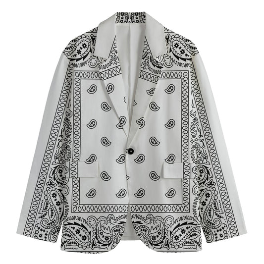 White And Black Paisley Bandana Print Men's Cotton Blazer