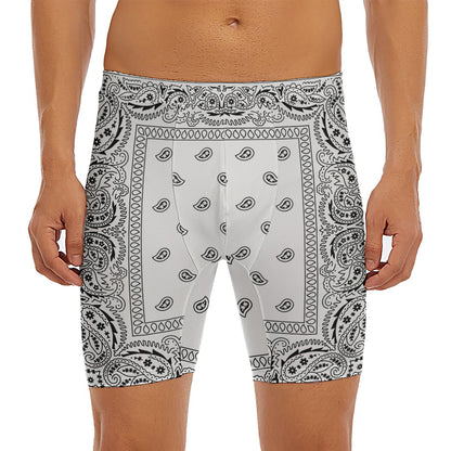 White And Black Paisley Bandana Print Men's Long Boxer Briefs