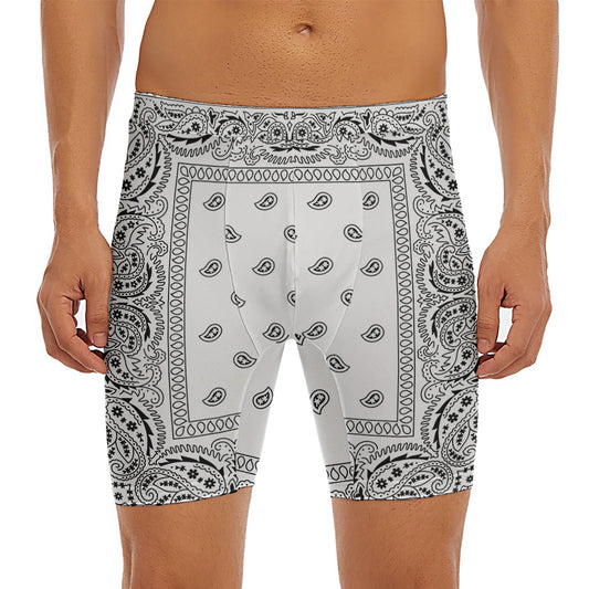 White And Black Paisley Bandana Print Men's Long Boxer Briefs