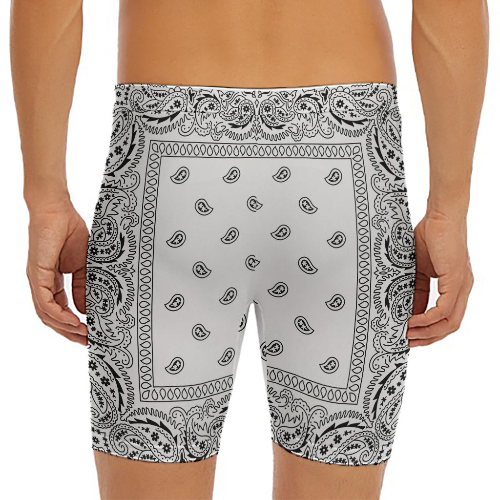 White And Black Paisley Bandana Print Men's Long Boxer Briefs