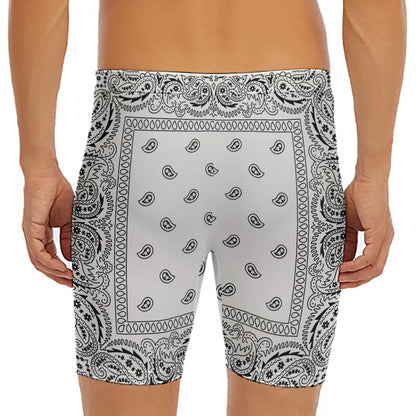 White And Black Paisley Bandana Print Men's Long Boxer Briefs
