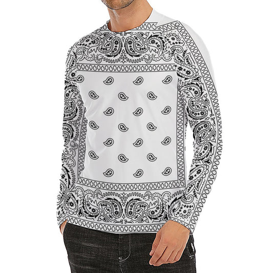 White And Black Paisley Bandana Print Men's Long Sleeve Rash Guard