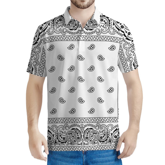 White And Black Paisley Bandana Print Men's Polo Shirt