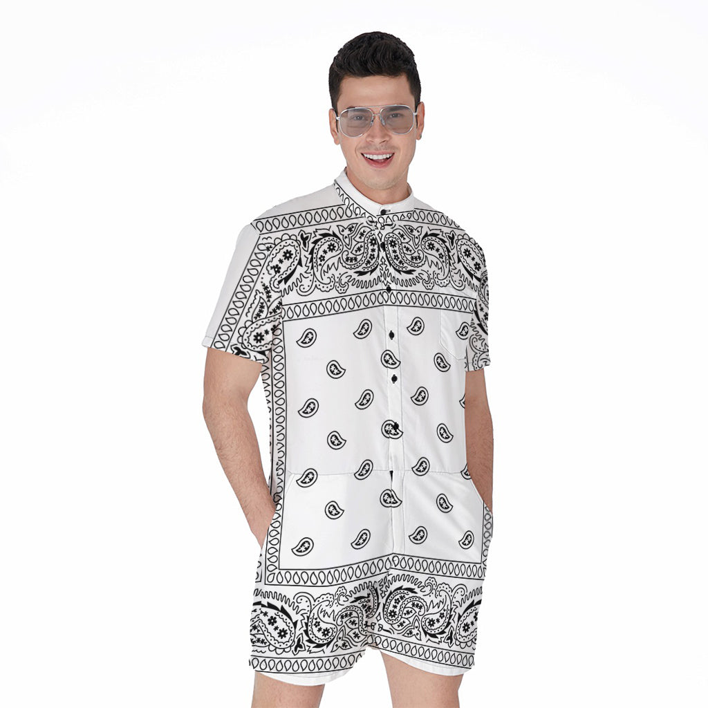 White And Black Paisley Bandana Print Men's Rompers