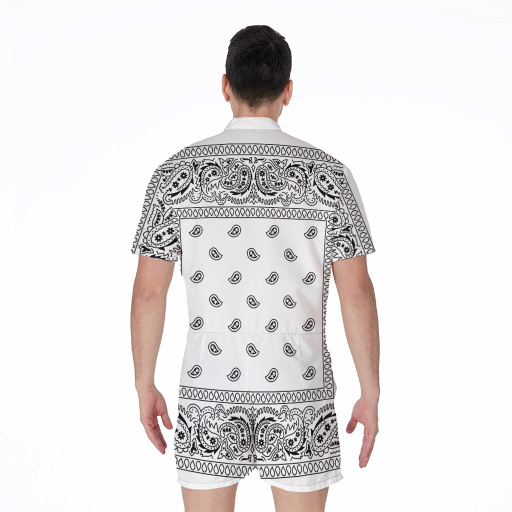 White And Black Paisley Bandana Print Men's Rompers