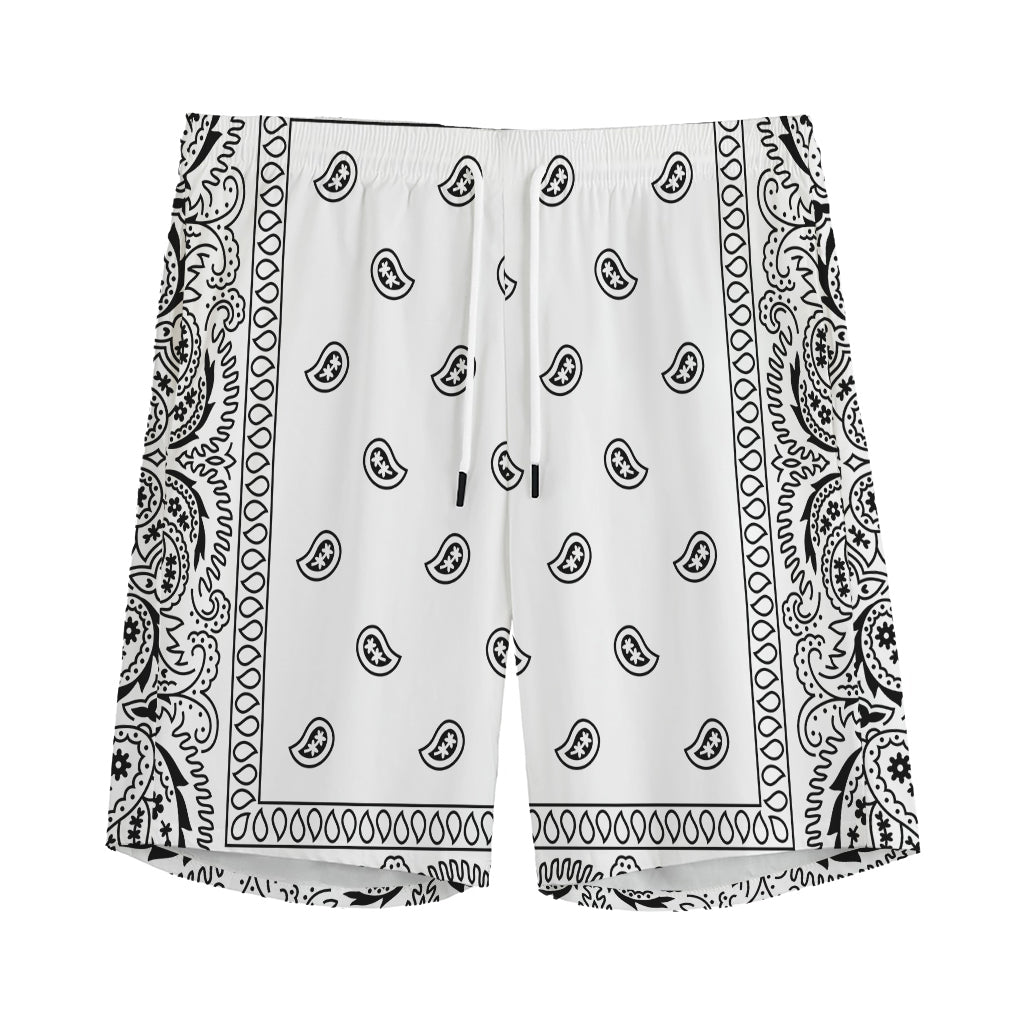 White And Black Paisley Bandana Print Men's Sports Shorts