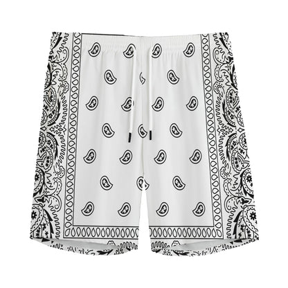 White And Black Paisley Bandana Print Men's Sports Shorts
