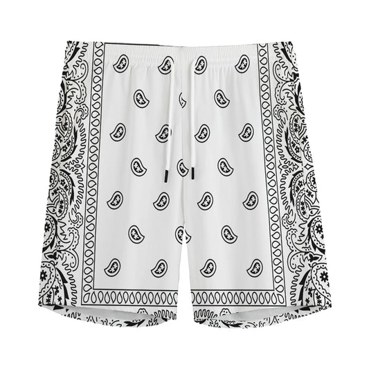 White And Black Paisley Bandana Print Men's Sports Shorts