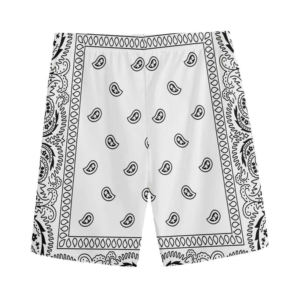 White And Black Paisley Bandana Print Men's Sports Shorts
