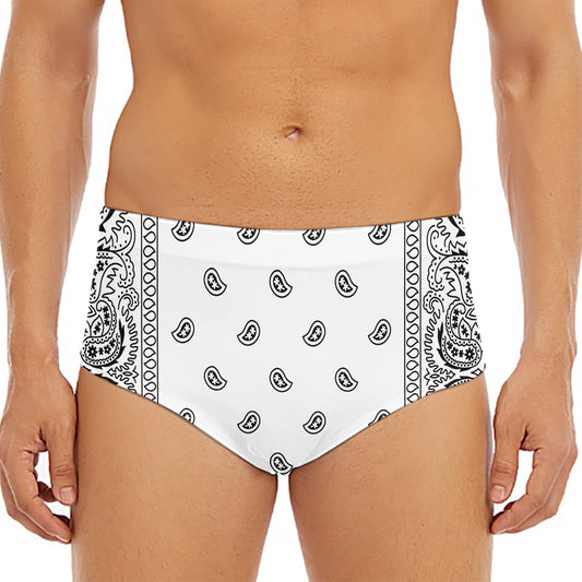 White And Black Paisley Bandana Print Men's Triangle Swim Briefs