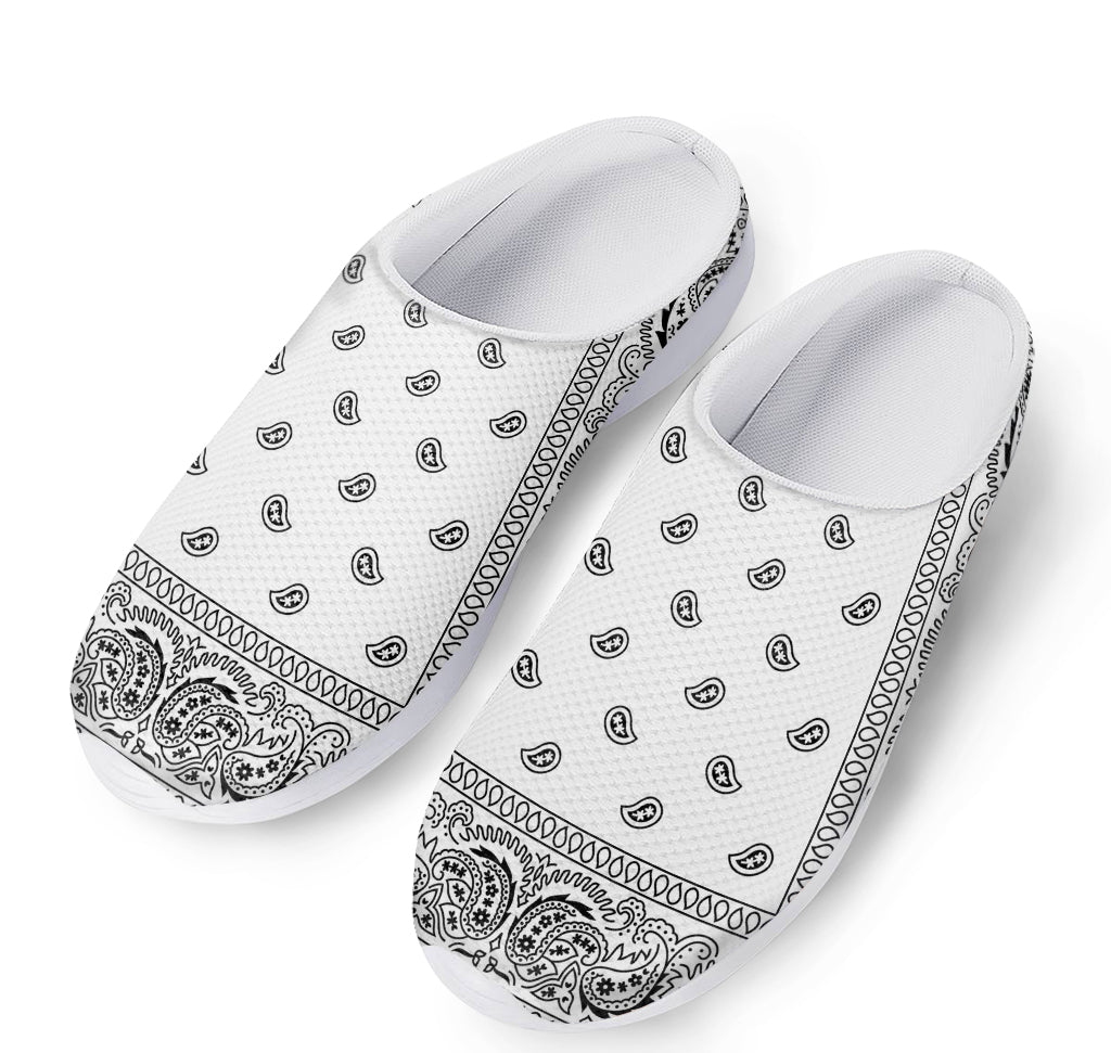 White And Black Paisley Bandana Print Mesh Casual Shoes
