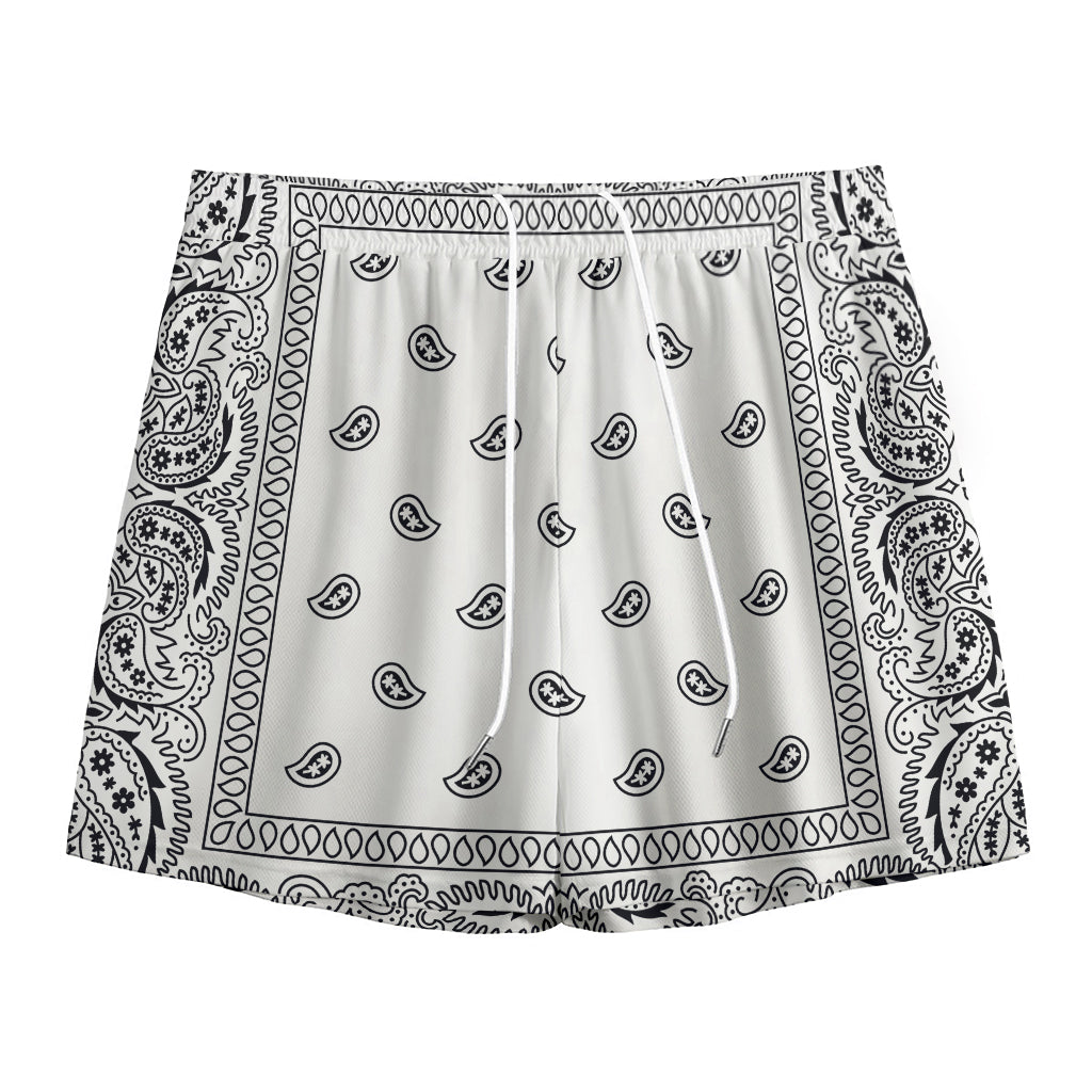 White And Black Paisley Bandana Print Mesh Shorts