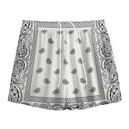White And Black Paisley Bandana Print Mesh Shorts
