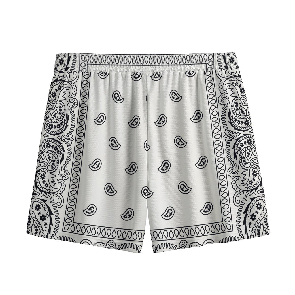White And Black Paisley Bandana Print Mesh Shorts