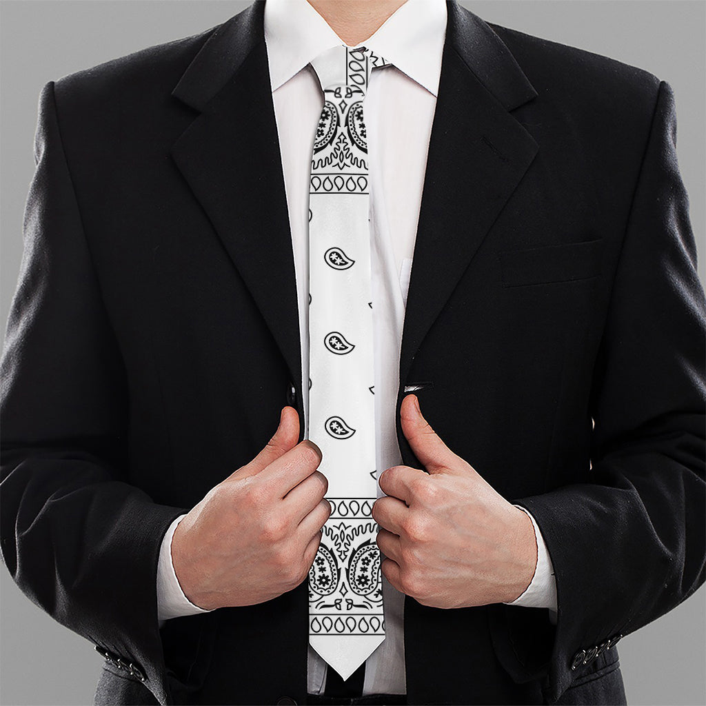 White And Black Paisley Bandana Print Necktie