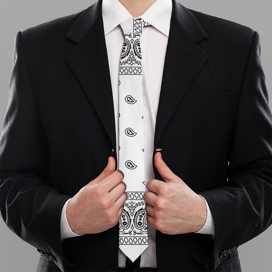 White And Black Paisley Bandana Print Necktie
