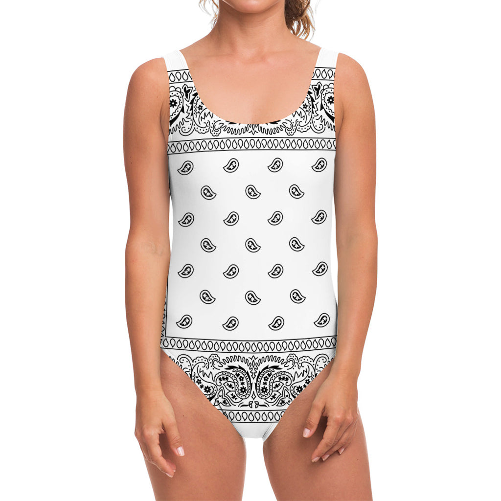 White And Black Paisley Bandana Print One Piece Swimsuit