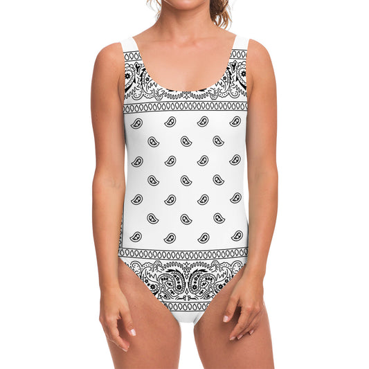 White And Black Paisley Bandana Print One Piece Swimsuit