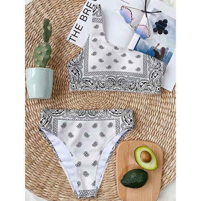 White And Black Paisley Bandana Print One Shoulder Bikini Top