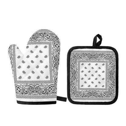 White And Black Paisley Bandana Print Oven Mitt And Pot Holder Set