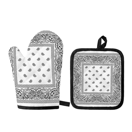 White And Black Paisley Bandana Print Oven Mitt And Pot Holder Set