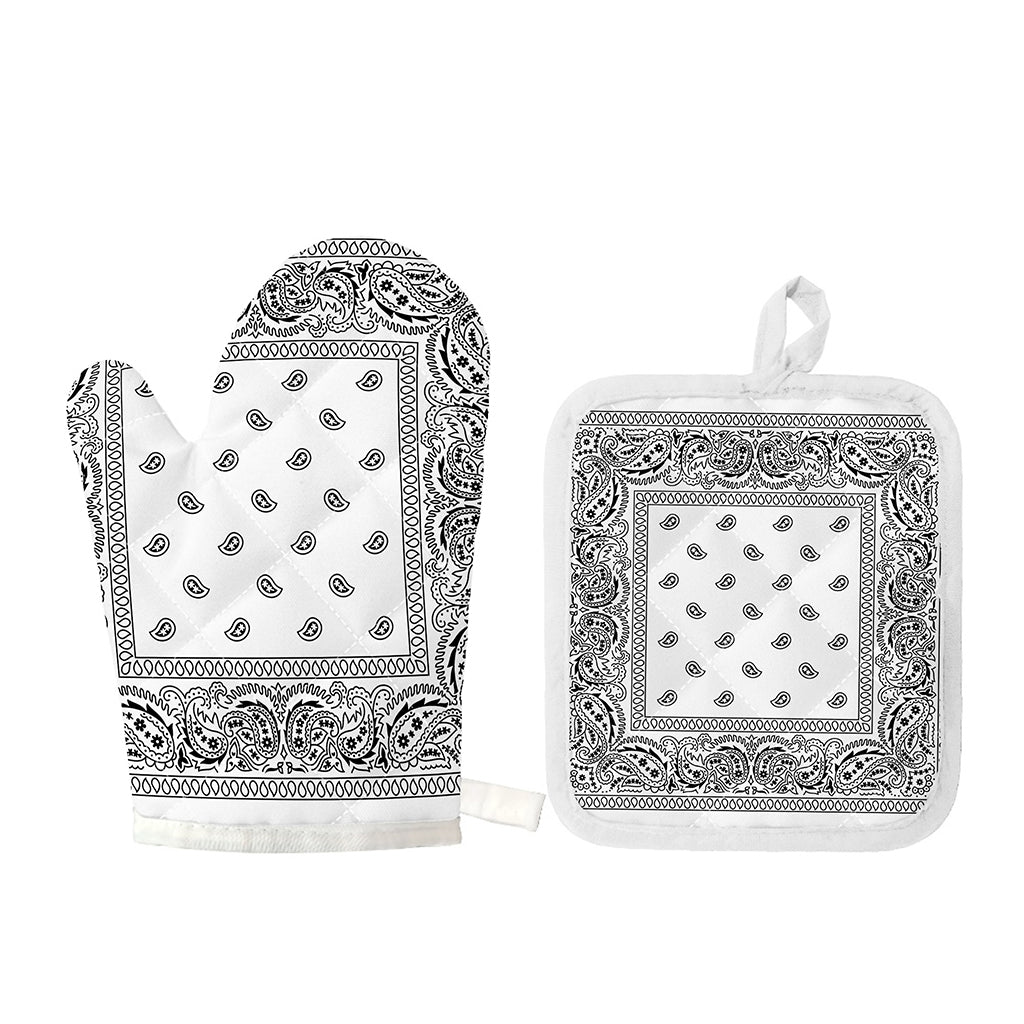 White And Black Paisley Bandana Print Oven Mitt And Pot Holder Set