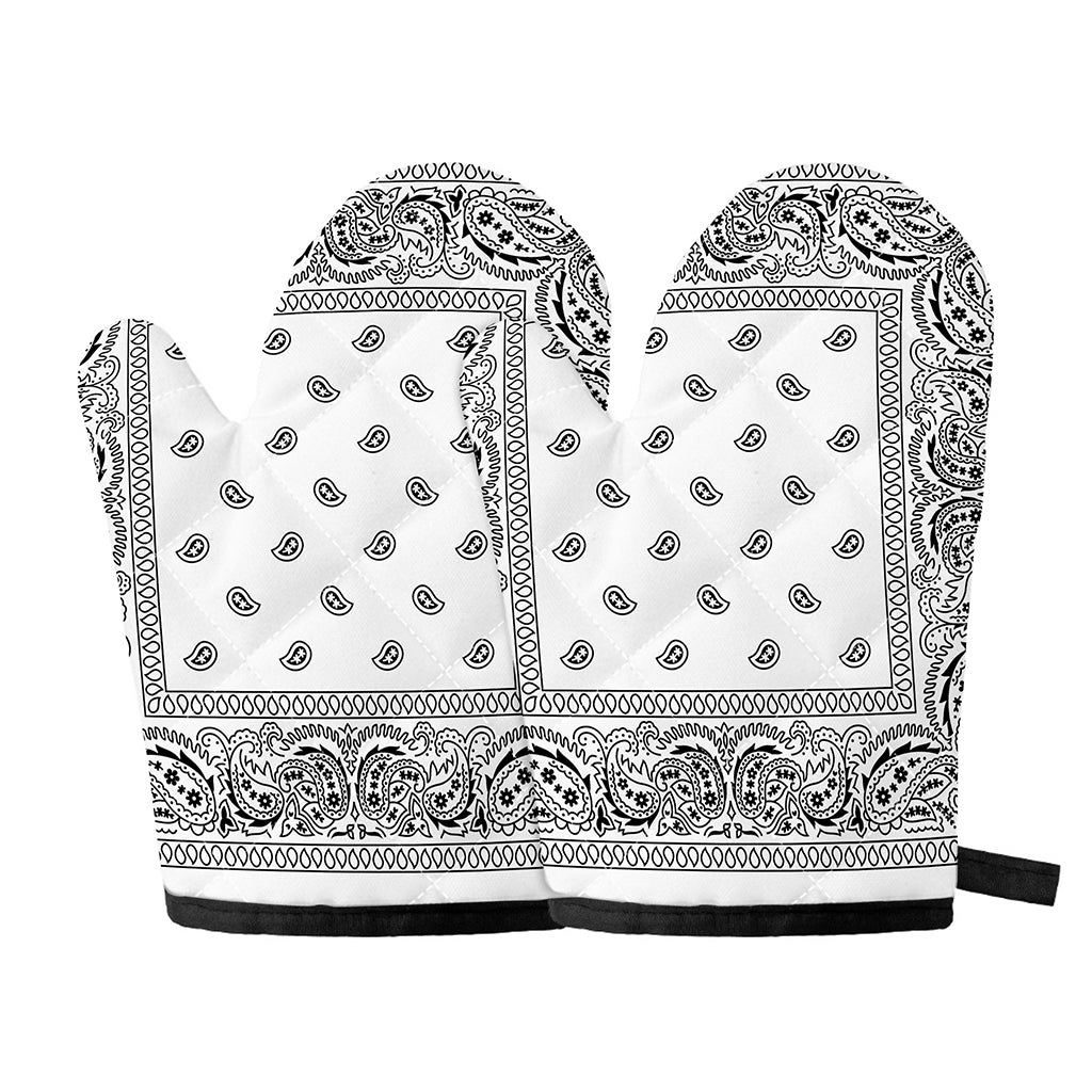 White And Black Paisley Bandana Print Oven Mitts