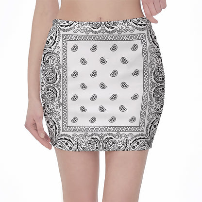 White And Black Paisley Bandana Print Pencil Mini Skirt
