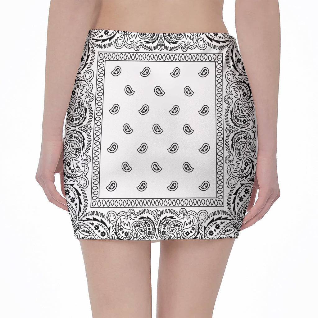 White And Black Paisley Bandana Print Pencil Mini Skirt