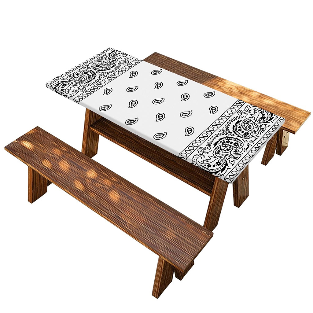 White And Black Paisley Bandana Print Picnic Table Cover