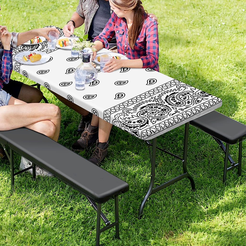 White And Black Paisley Bandana Print Picnic Table Cover