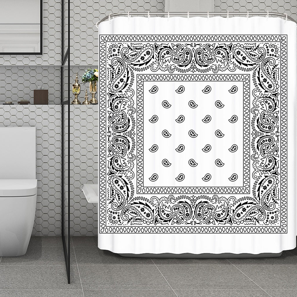 White And Black Paisley Bandana Print Polyester Shower Curtain