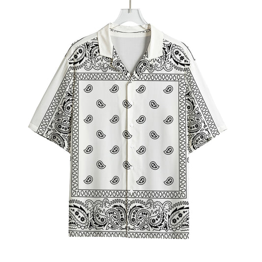 White And Black Paisley Bandana Print Rayon Hawaiian Shirt