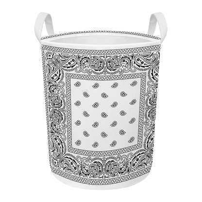White And Black Paisley Bandana Print Round Laundry Basket