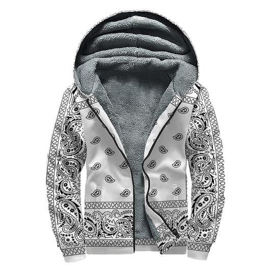 White And Black Paisley Bandana Print Sherpa Lined Zip Up Hoodie