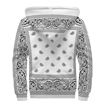 White And Black Paisley Bandana Print Sherpa Lined Zip Up Hoodie