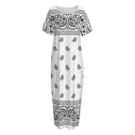 White And Black Paisley Bandana Print Short Sleeve Long Nightdress