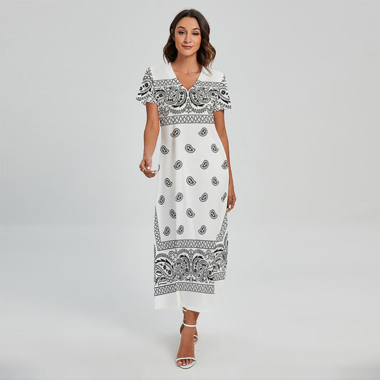 White And Black Paisley Bandana Print Short Sleeve Maxi Dress