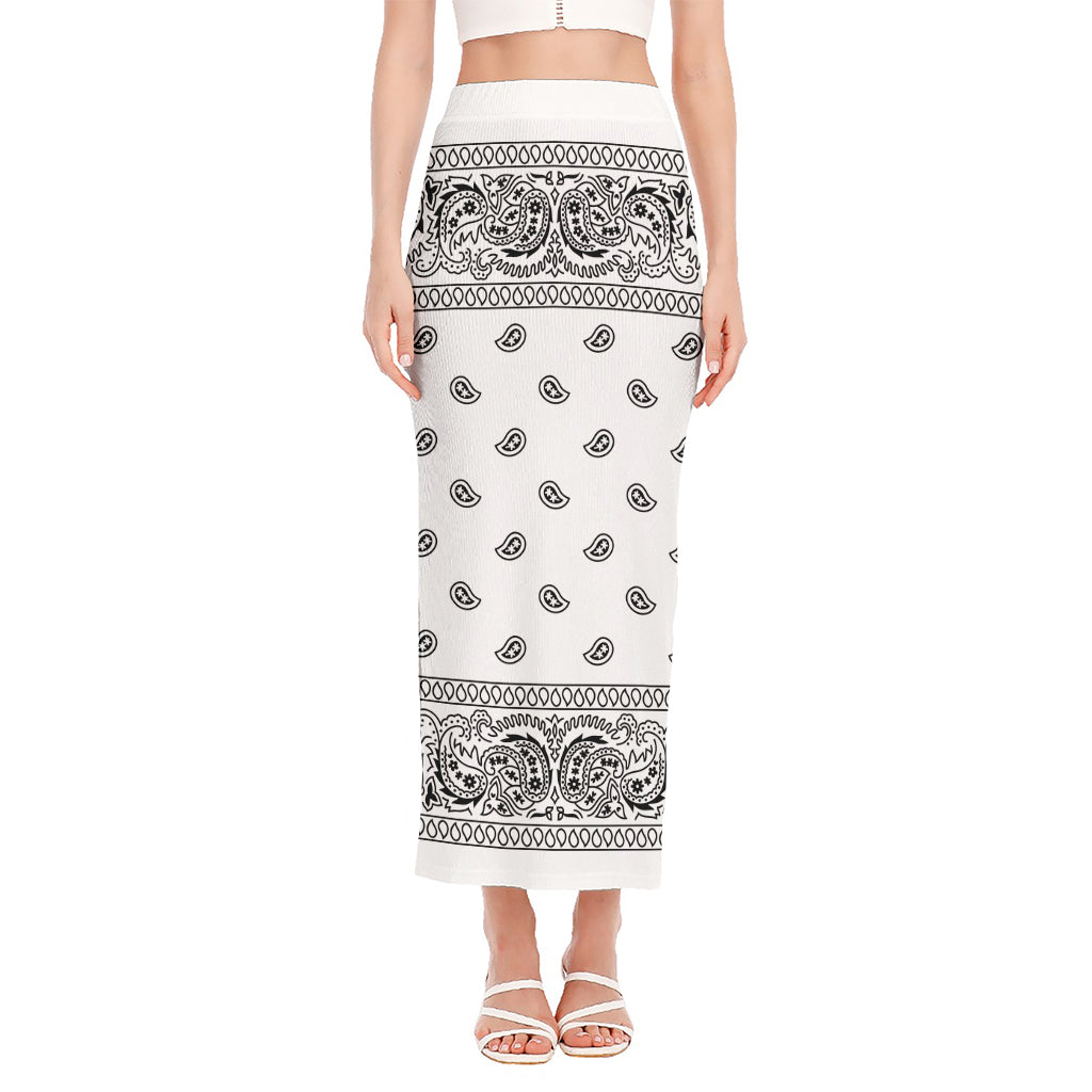 White And Black Paisley Bandana Print Side Slit Maxi Skirt