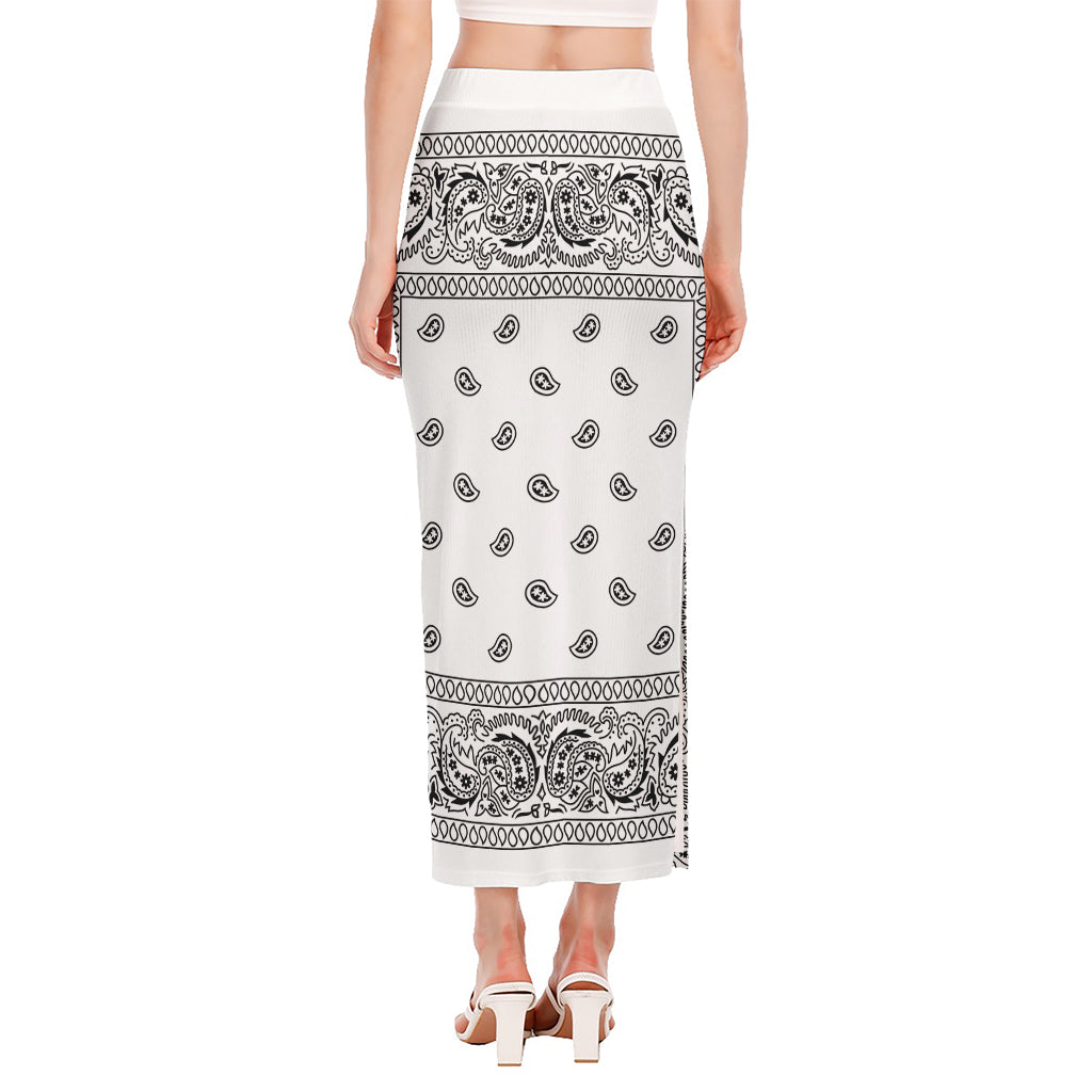 White And Black Paisley Bandana Print Side Slit Maxi Skirt